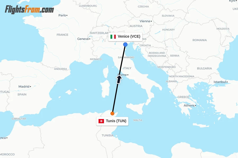 Flights from Tunis to Venice route map