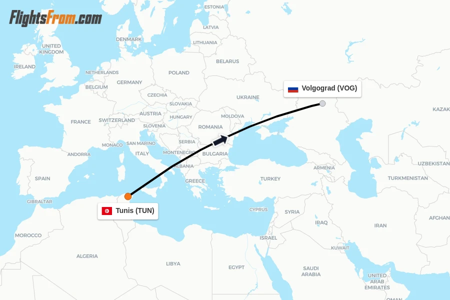 Flights from Tunis to Volgograd route map