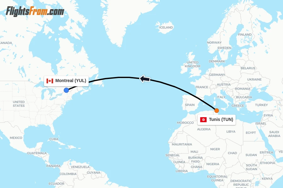 Flights from Tunis to Montreal route map