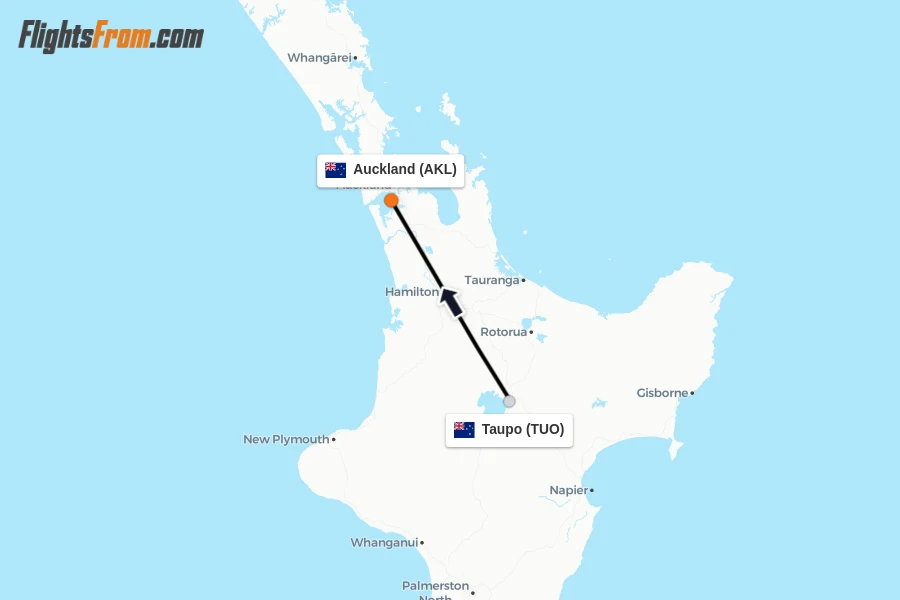 Flights from Taupo to Auckland route map