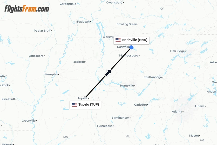 Flights from Tupelo to Nashville route map