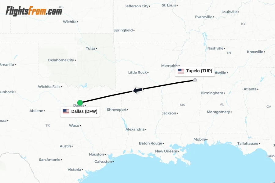 Flights from Tupelo to Dallas route map