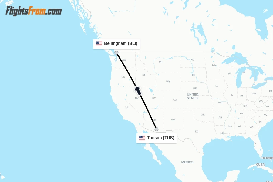 Flights from Tucson to Bellingham route map