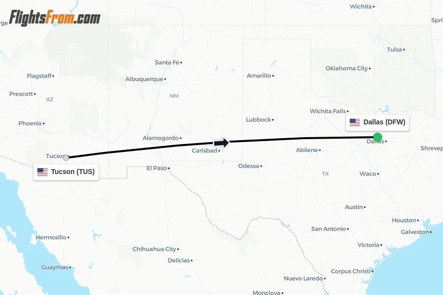 Flights from Tucson to Dallas route map