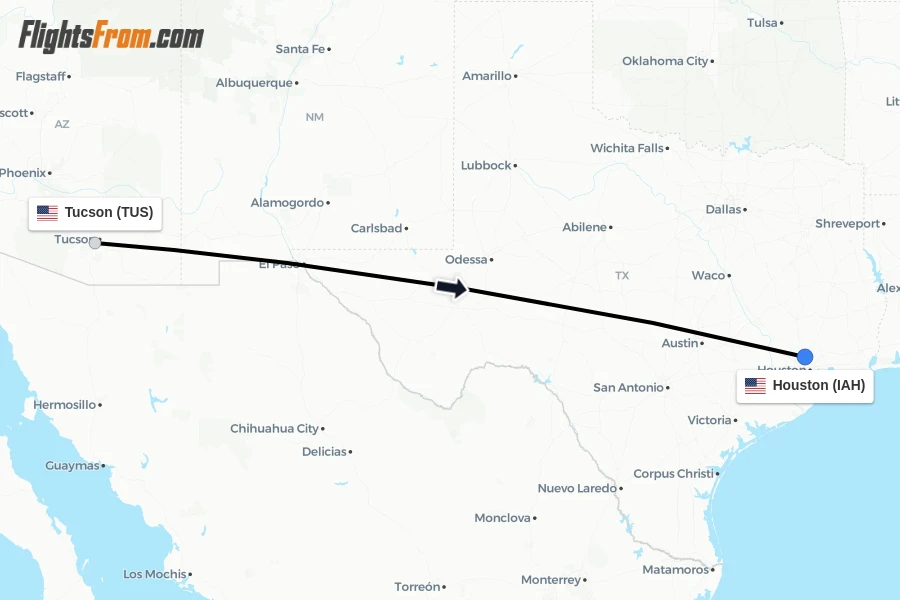 Flights from Tucson to Houston route map