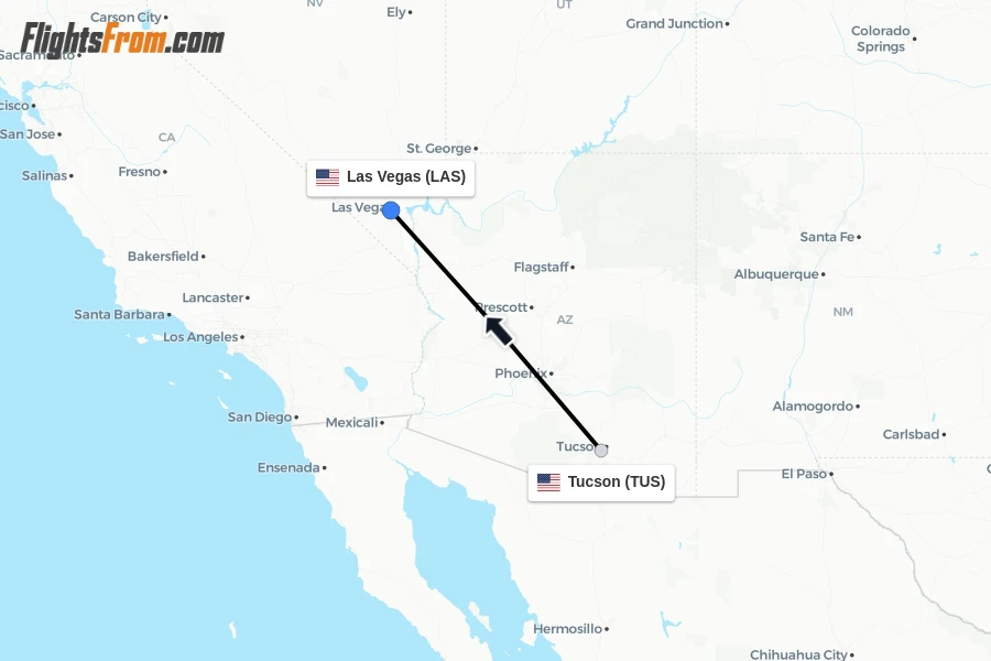 Flights from Tucson to Las Vegas route map