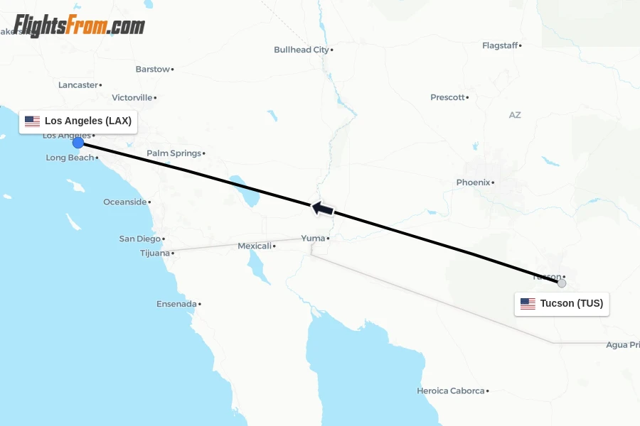Flights from Tucson to Los Angeles route map