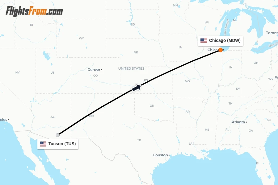 Flights from Tucson to Chicago route map