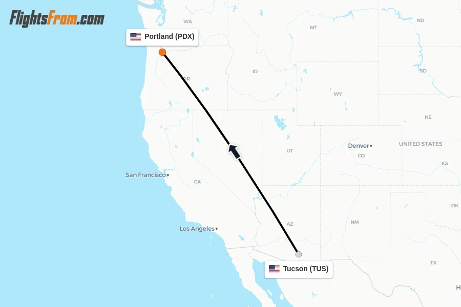 Flights from Tucson to Portland route map