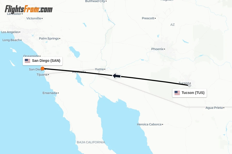 Flights from Tucson to San Diego route map