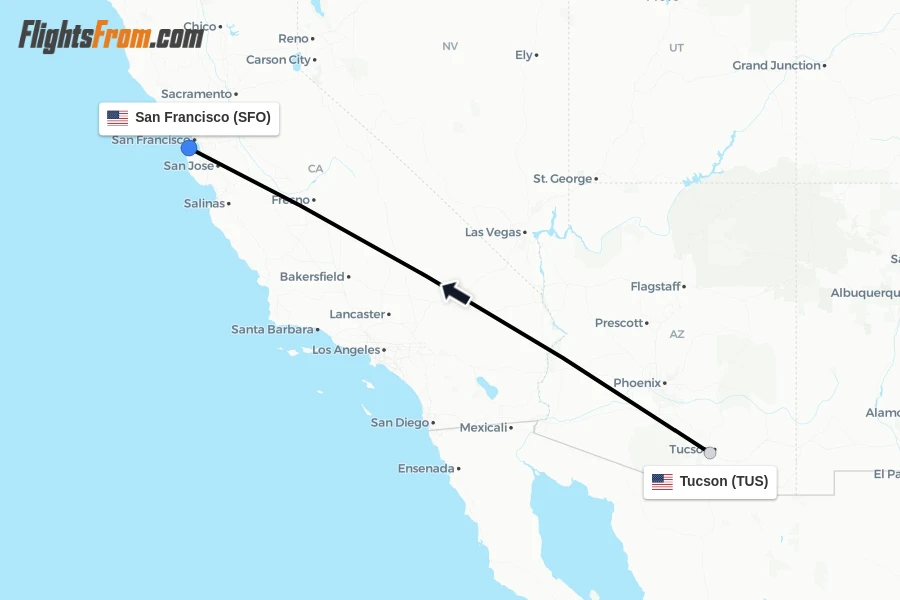 Flights from Tucson to San Francisco route map