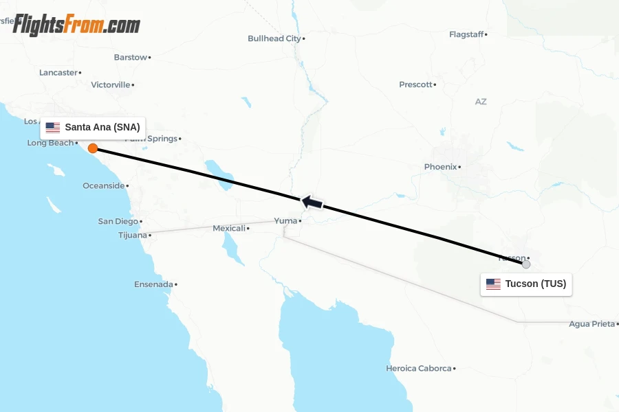 Flights from Tucson to Santa Ana route map