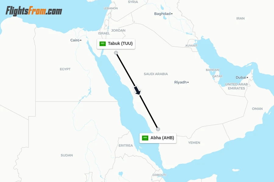 Flights from Tabuk to Abha route map