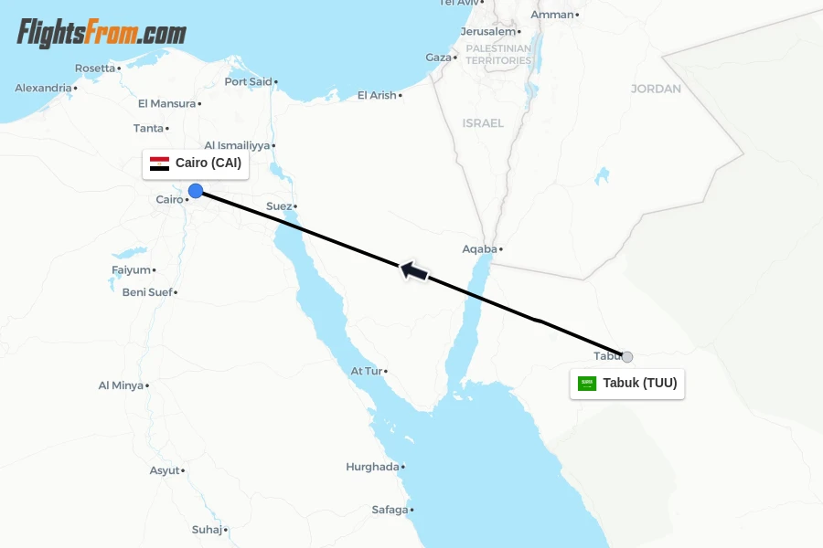 Flights from Tabuk to Cairo route map