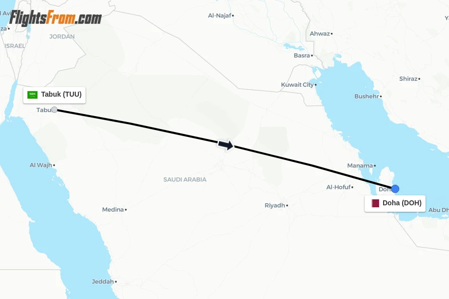 Flights from Tabuk to Doha route map