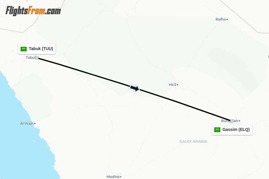 Flights from Tabuk to Gassim route map