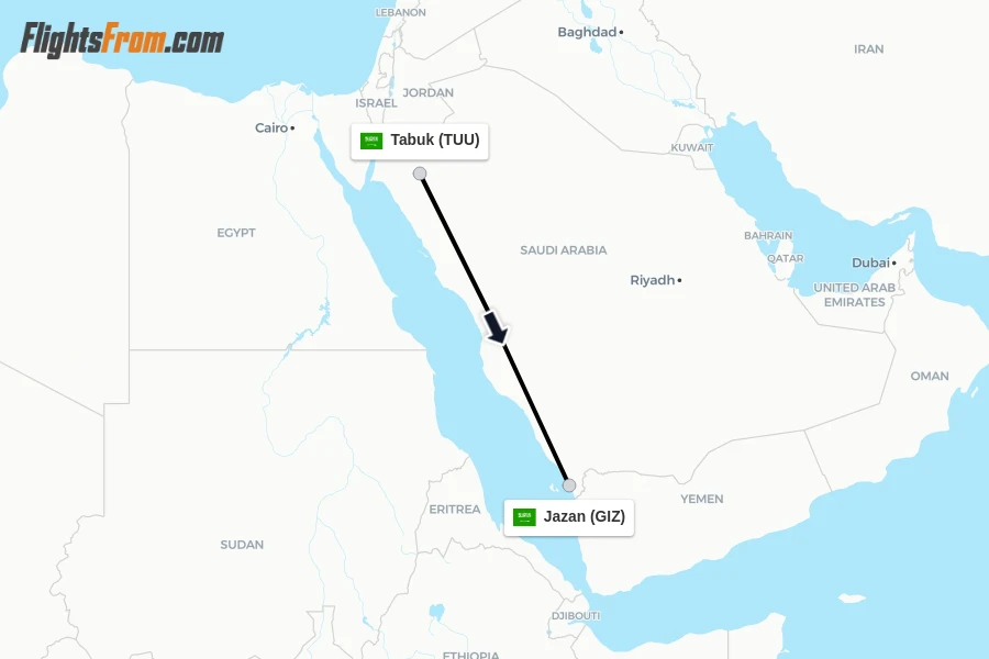 Flights from Tabuk to Jazan route map