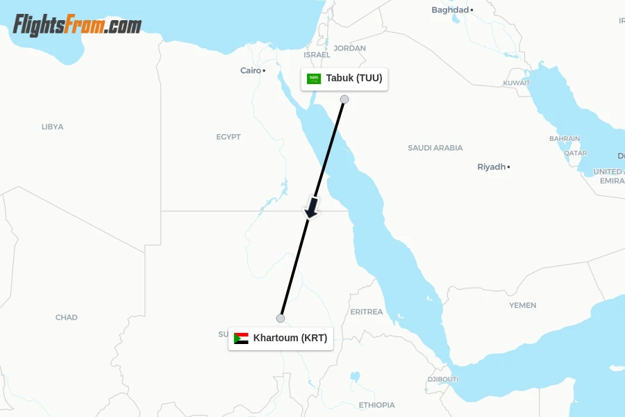 Flights from Tabuk to Khartoum route map