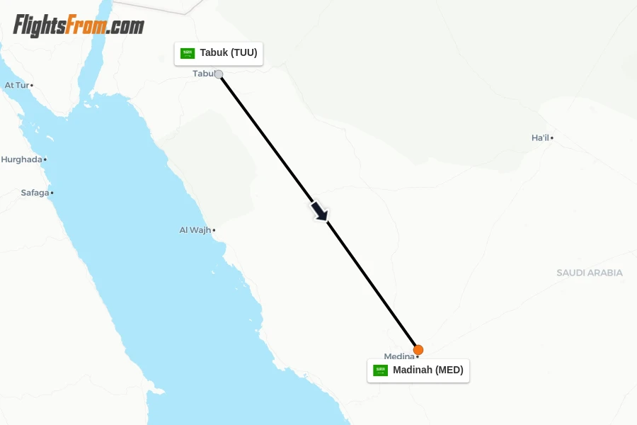 Flights from Tabuk to Madinah route map