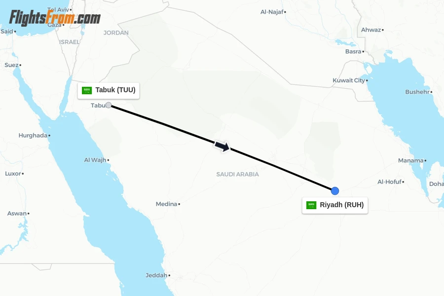 Flights from Tabuk to Riyadh route map