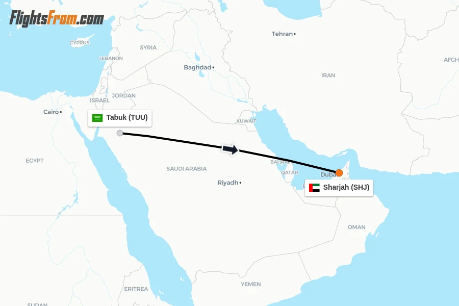 Flights from Tabuk to Sharjah route map