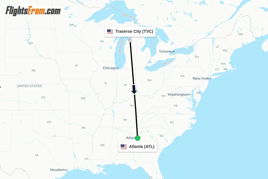 Flights from Traverse City to Atlanta route map