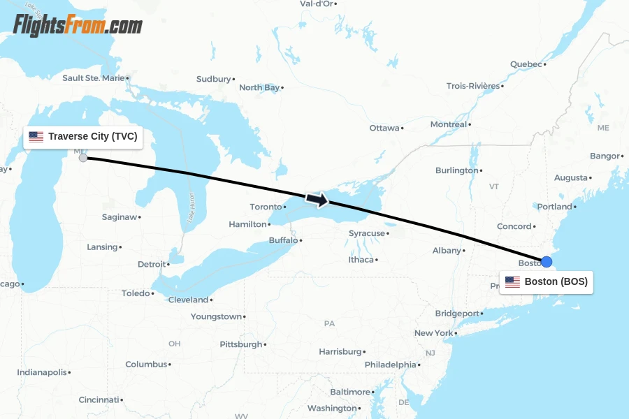 Flights from Traverse City to Boston route map