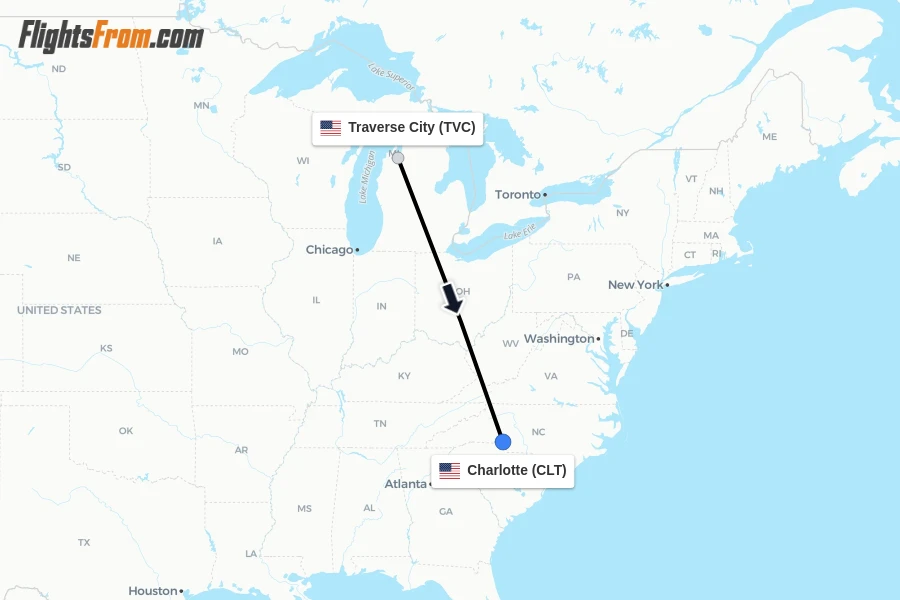 Flights from Traverse City to Charlotte route map