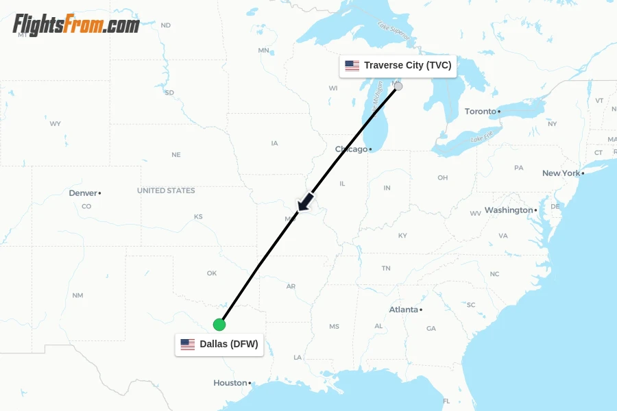 Flights from Traverse City to Dallas route map