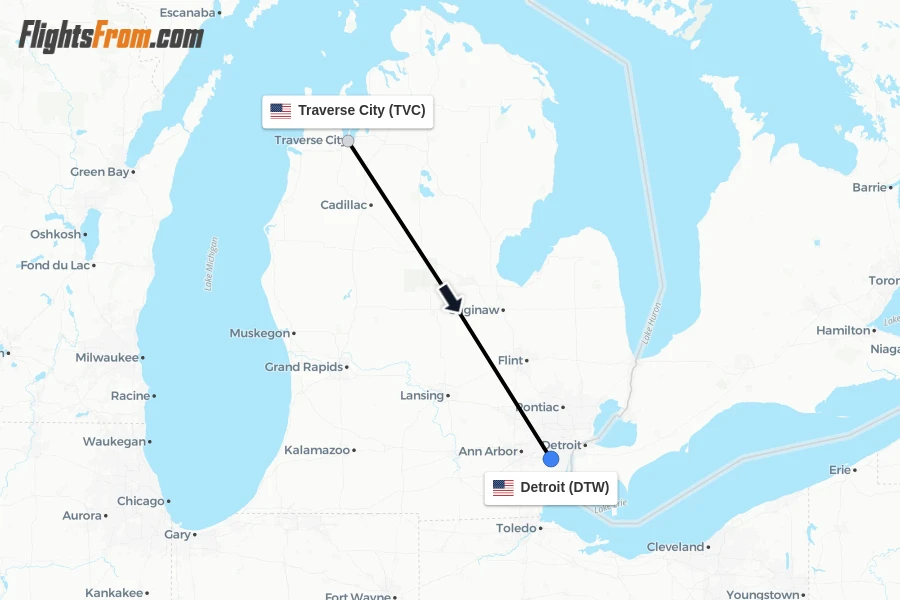Flights from Traverse City to Detroit route map