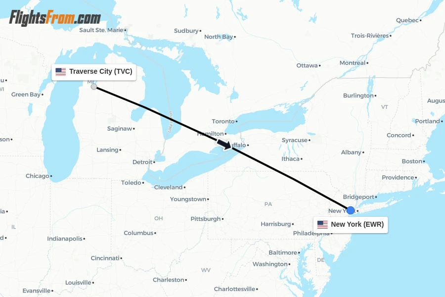 Flights from Traverse City to New York route map