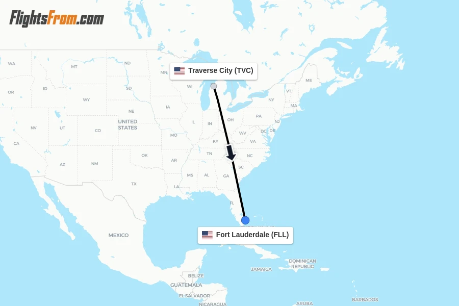 Flights from Traverse City to Fort Lauderdale route map