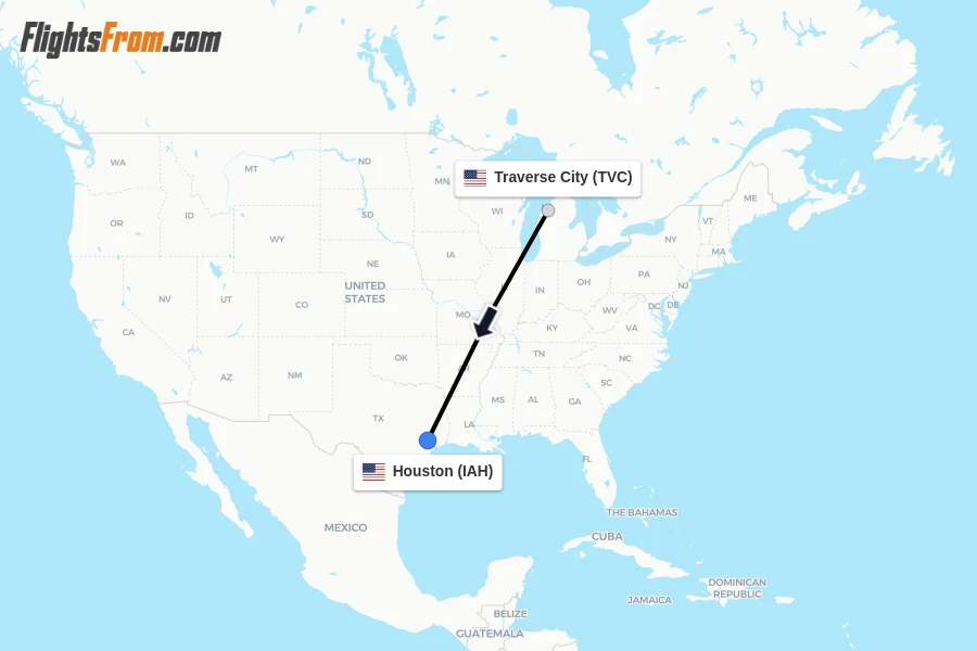 Flights from Traverse City to Houston route map