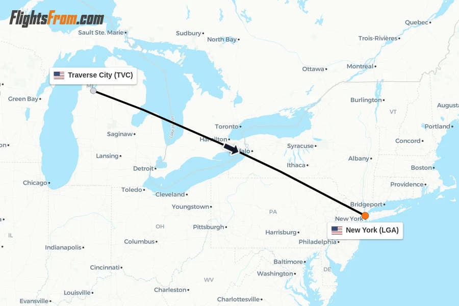 Flights from Traverse City to New York route map