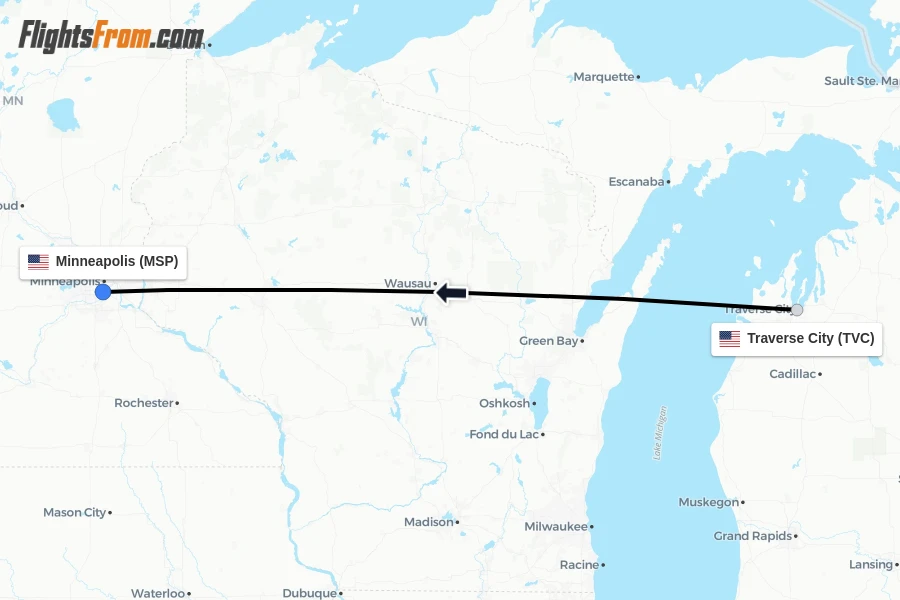 Flights from Traverse City to Minneapolis route map