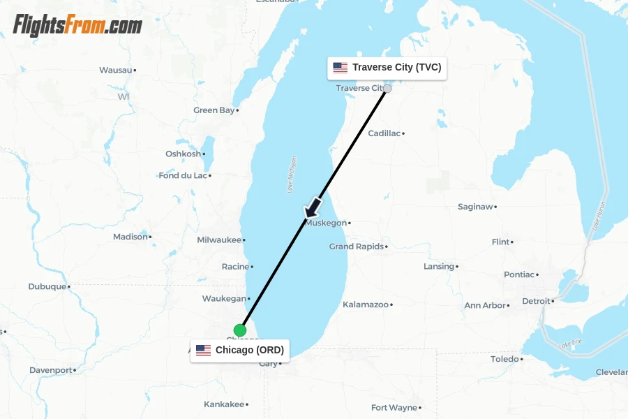 Flights from Traverse City to Chicago route map