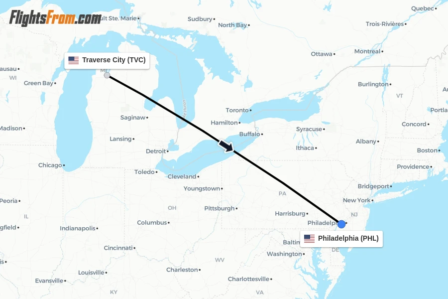 Flights from Traverse City to Philadelphia route map