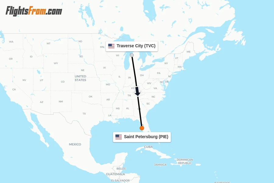 Flights from Traverse City to Saint Petersburg route map
