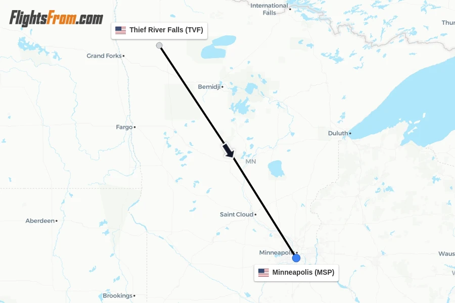 Flights from Thief River Falls to Minneapolis route map