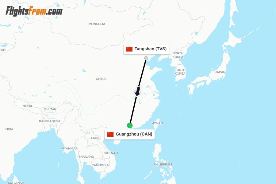 Flights from Tangshan to Guangzhou route map