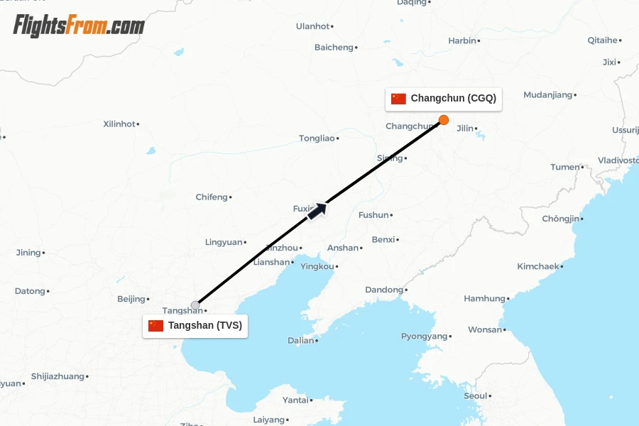 Flights from Tangshan to Changchun route map
