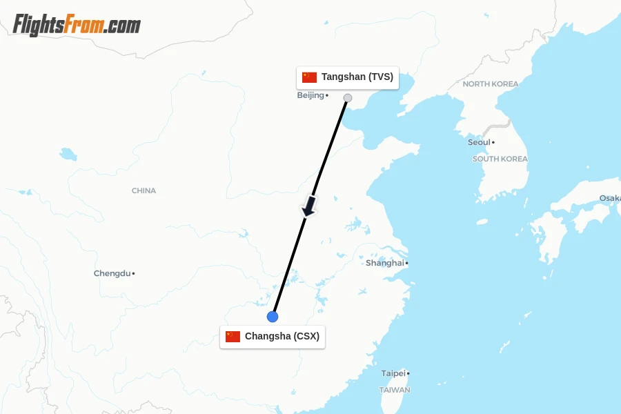 Flights from Tangshan to Changsha route map