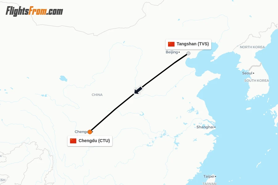 Flights from Tangshan to Chengdu route map