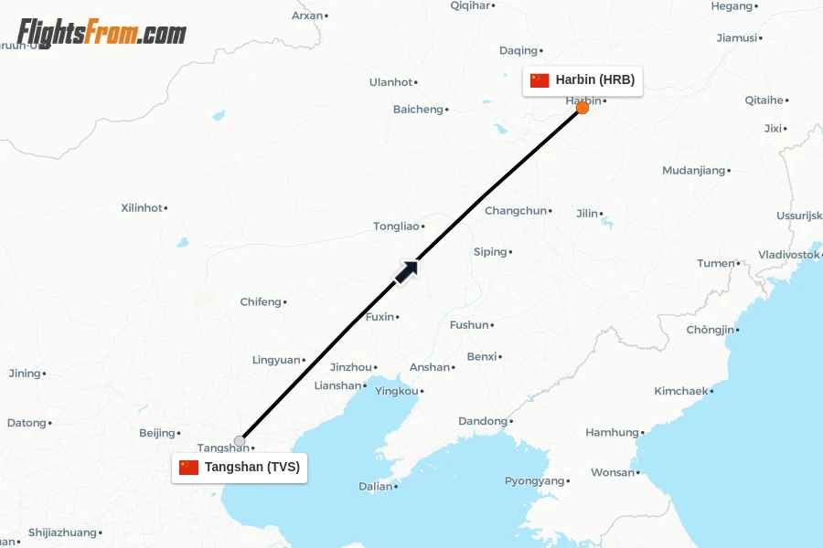 Flights from Tangshan to Harbin route map