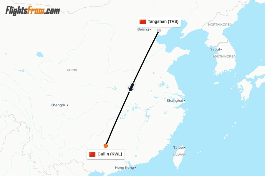 Flights from Tangshan to Guilin route map