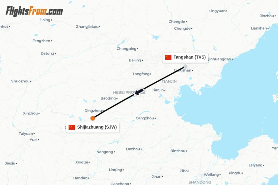 Flights from Tangshan to Shijiazhuang route map