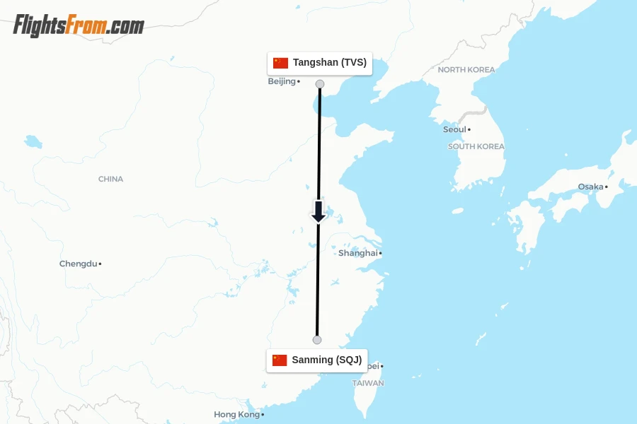 Flights from Tangshan to Sanming route map