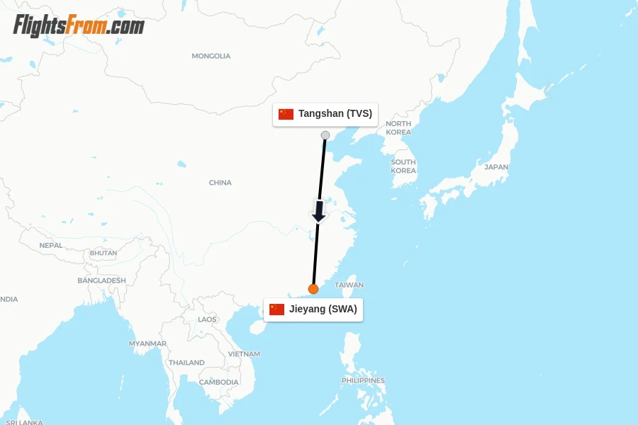 Flights from Tangshan to Jieyang route map