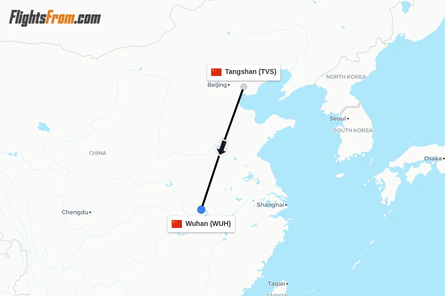 Flights from Tangshan to Wuhan route map