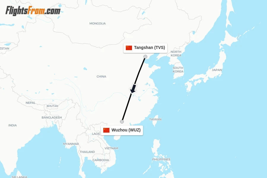 Flights from Tangshan to Wuzhou route map